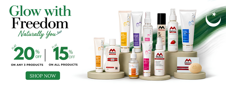 A promotional banner for the brand 'Majestic Skincare' featuring multiple skincare products arranged on beige pedestals against a white background with green and black text offering 20% and 15% off.